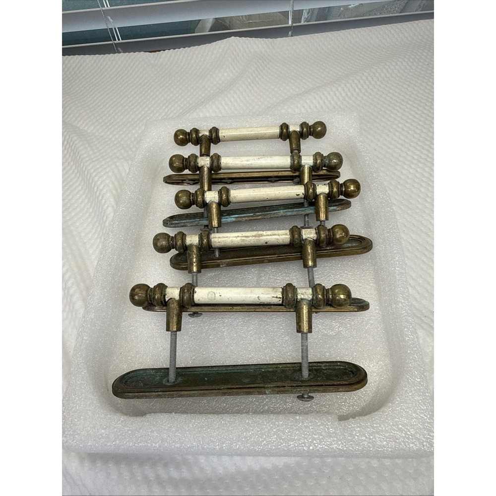 5 VTG. AMEROCK BRASS/WHITE, 5" 744-1 DRAWER OR CABINET DOOR PULLS,BRASS PLATES